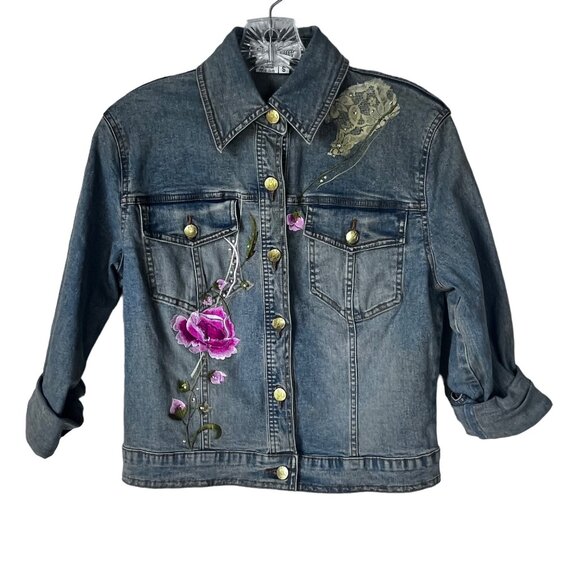 Lana Erica Jackets & Blazers - Lana Erica Womens Floral Embroidered Denim Jean Jacket Size Small